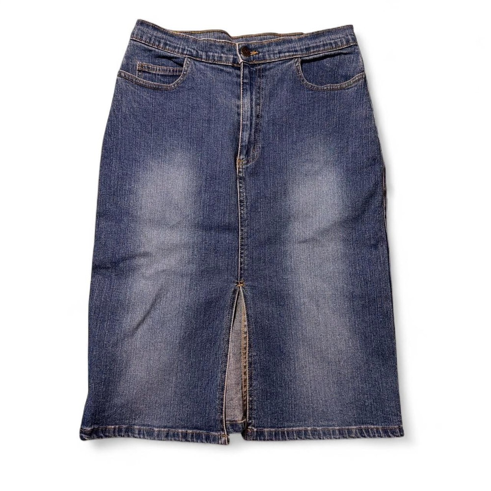 My Tina Vintage Denim Midi Skirt Blue A-Line Front Slit Granola Whimsy youth 1XL